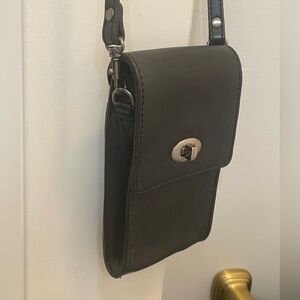 Patricia Nash Black Leather Rivella phone holder crossbody bag. Flaw… see pic